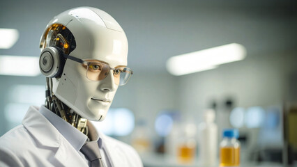 A close-up of a sophisticated robot in a scientific laboratory. The robot is wearing eyeglasses and a lab coat, and there are laboratory items in the background