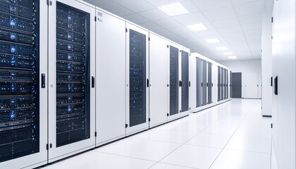Bright server room with rows of data storage units
