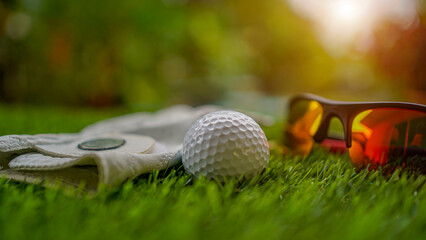 Close up of golf equipment on green grass.