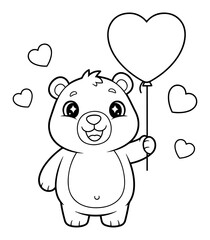 Naklejka premium Cute Cartoon Bear Holding a Heart-Shaped Balloon, Black and White Coloring Page