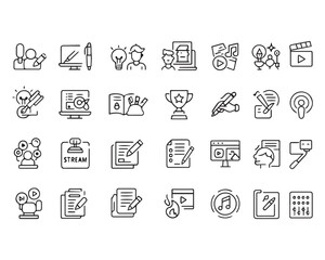 Set of outline icons related to  content creation, media. Linear icon collection