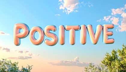 Peach-colored, 3D-rendered word "POSITIVE" floats against a sunny sky and treetops