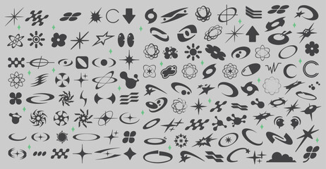 Sparkle, starburst, twinkle, star burst, sunray, sunbeam and sunburst icons set. Y2K design element.