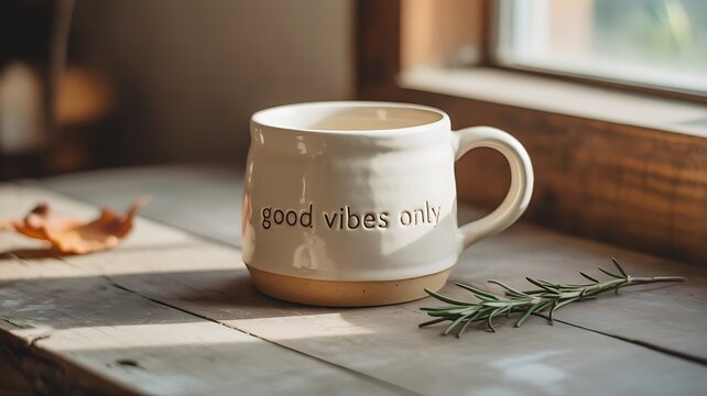 Morning Mug: A cozy composition featuring a ceramic mug with the inscription good vibes only, perched on a rustic wooden surface near a window, enhanced by a sprig of rosemary and a dried leaf.