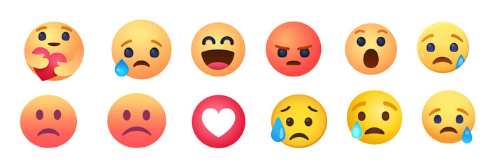 Collection of expressive emoji faces isolated on transparent background