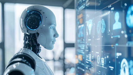 A futuristic and advanced robot closely observing a transparent digital interface, likely analyzing data and information