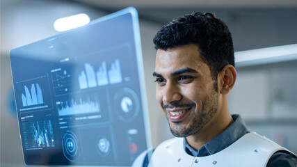 A man smiling while using a futuristic tablet displaying data and charts, a testament to technological innovation and human interaction