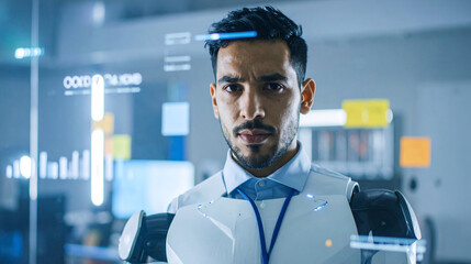A tech professional with a determined gaze, surrounded by a futuristic interface. He is engaged in a complex technological endeavor, illuminated by digital displays.