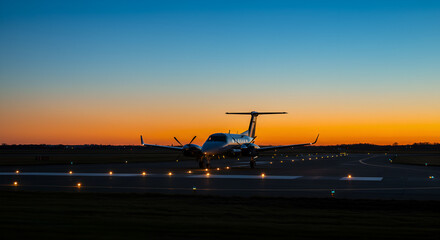 Fototapeta na wymiar Airplane taxis down lit runway at sunset