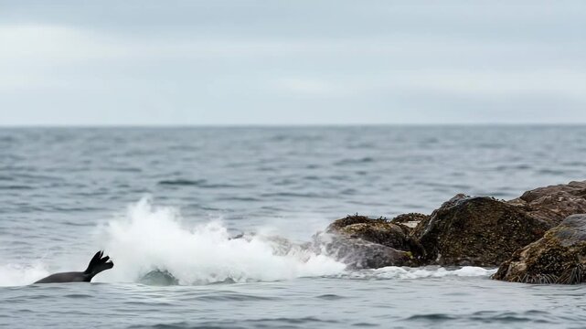 A group of fur seals leap into the ocean from rocky shore. Captured in dynamic motion, this photorealistic 3D image highlights the natural behavior of marine animals in the wild.