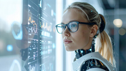 A woman and a robot hybrid examining a digital display filled with charts and data
