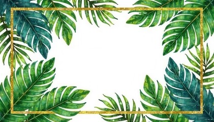 Luxurious gold framed square watercolor palm leaves, plant, pattern