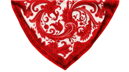 Folded red bandana scarf with white and black paisley pattern for fashion or headwear isolated on white background