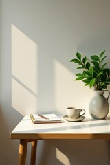 Minimalist kitchen, small table, herbs, tea, notebooks, white, aesthetic, wood