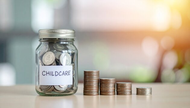 A jar labeled Childcare filled with coins, beside stacks of coins arranged in descending order. A symbol of savings and financial planning for the future