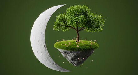 Crescent Moon Oasis: A Surreal Tree on a Floating Island