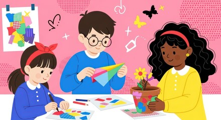 Diverse Children Joyfully Creating Together in a Colorful Art Class Illustration.