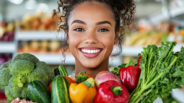 Smiling woman holding fresh vegetables in a grocery store aisle - Powered by Adobe