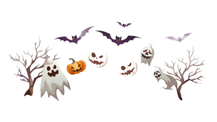 Halloween spooky scene with ghosts bats pumpkins and trees for halloween decoration and halloween party 100