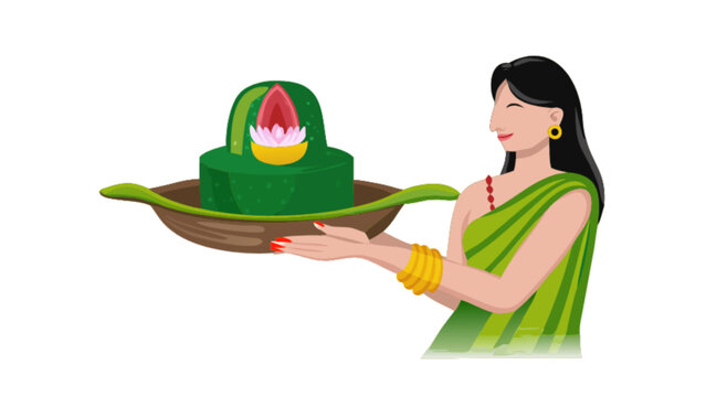 Bengali woman offering manasa puja offering with lotus flower for bengali culture illustration