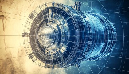 Obraz premium Close-up detailed view of a jet engine design. The engine's intricate mechanics are clearly visible. The image captures the precision and complexity of its engineering