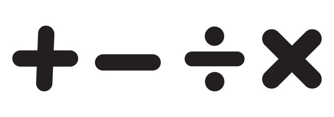 Plus, minus, multiply, divide sign icon design set. Addition, subtraction, multiplication, icon symbol. Mathematical symbol