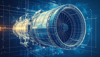 Detailed view of an engineering drawing of a jet engine, showcasing intricate design and technology