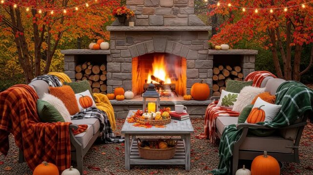 Cozy Autumn Patio with Stone Fireplace and Pumpkins