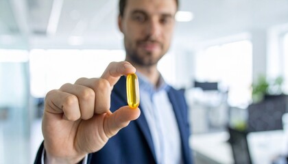 A man holding a yellow capsule, showcasing a supplement or medication