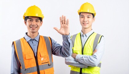 Two construction workers are greeting with smile. They wearing safety vest and hard hat, showcasing their roles in the field.