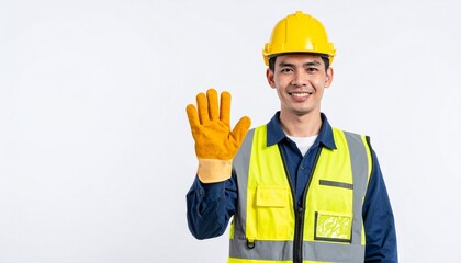 A construction worker confidently displaying his gloved hand in a greeting gesture, wearing a safety vest and helmet and smiling friendly 