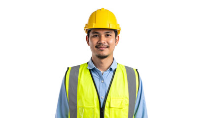 Smiling worker wearing safety vest and yellow helmet, showcasing professionalism and safety consciousness. Perfect for construction, engineering, and related fields