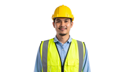 Smiling worker wearing safety vest and yellow helmet, showcasing professionalism and safety consciousness. Perfect for construction, engineering, and related fields