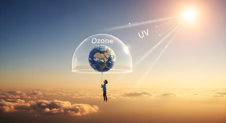 Protecting Earth with ozone layer. Conceptual image of a child holding the Earth protected from UV rays. Environment and conservation concept.