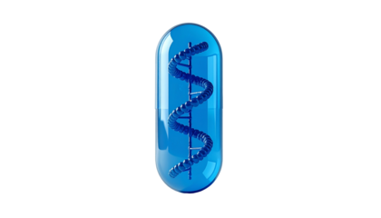 A blue capsule with a DNA double helix design, symbolizing science, medicine, and genetics. The capsule is transparent with the DNA structure inside. The image evokes concepts like health.