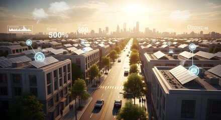 Sustainable city powered by solar energy, showcasing environmental awareness and ozone layer preservation. Eco-friendly urban landscape for a greener future, highlighting renewable resources.