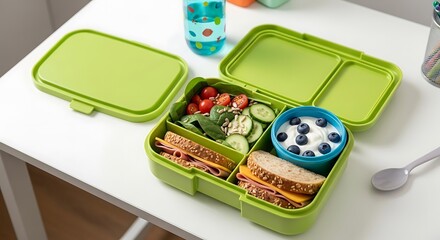 A green bento box filled with sandwich, salad, and yogurt with blueberries on a white surface