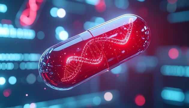 A futuristic-looking capsule with DNA strands glowing inside it, symbolizing medicine and technology. The capsule is illuminated with red and blue lights, against a futuristic backdrop.