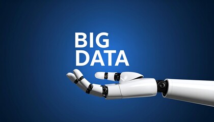 A futuristic robotic arm gracefully presenting the words BIG DATA on a modern blue background. The image evokes a sense of technological innovation and data-driven concepts