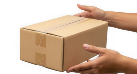 Hands holding cardboard box package delivery isolated on transparent background