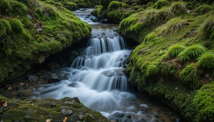 Obraz premium Forest landscape featuring a beautiful waterfall cascade over rocks with green moss, flowing water down a mountain stream