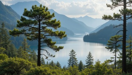 Naklejka premium View of a mountain lake with a clear reflection of the sky, clouds and surrounding forest trees.