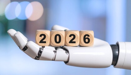 A robot hand holding wooden blocks that spell out the year 2026, against a blurred background