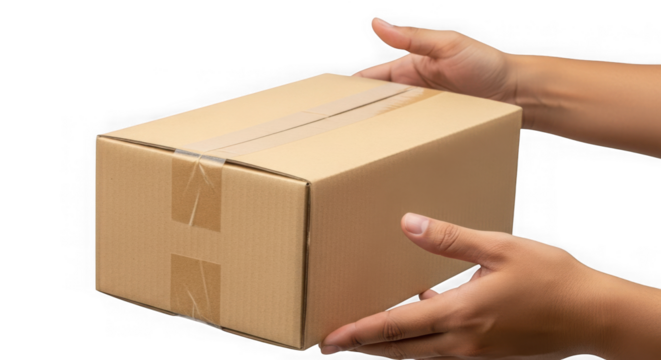 Hands holding cardboard box package delivery isolated on transparent background
