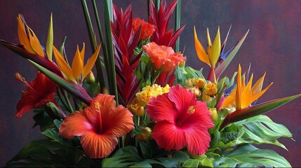 Vibrant tropical flower arrangement featuring birds of paradise and red hibiscus