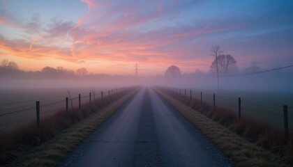 Fototapeta premium Golden sunsets and hazy sunrises color the sky above the misty roadscape, casting a soft glow over the road and distant nature.