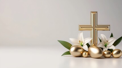 Golden cross with Easter eggs and white lilies symbolizing faith and resurrection on a bright elegant background creating a peaceful and celebratory scene.