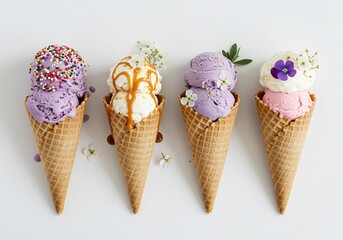 Delicious Ice Cream Cones with Sweet Toppings and Flowers