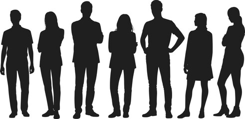 CAD drawing flat vector illustration of diverse team silhouettes, standing side by side, profile and full body views, unity concept, professional group, identity design, layout