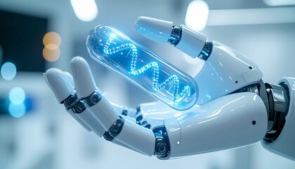 A robotic hand tenderly holds a glowing DNA strand, showcasing advanced technology and scientific innovation